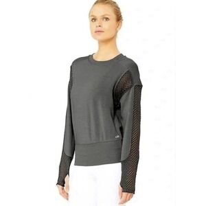 Alo Yoga Formation Mesh Keyhole Open Back Thumbhole Black Sweatshirt  Size Small